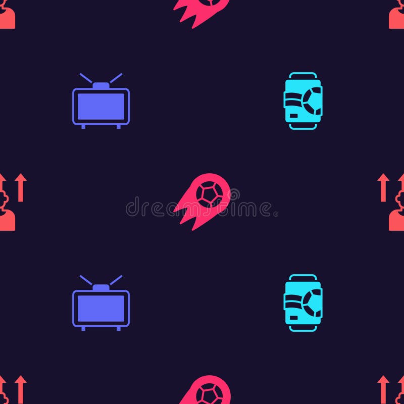 Set Beer Can, Football Match on TV, Soccer Football and or Soccer Player on Seamless Pattern