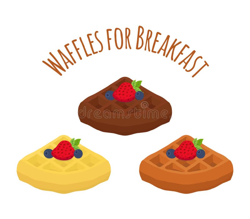 Set of belgian waffles - chocolate, cream and berries. Tasty breakfast in restaurant. Made in cartoon flat style. Set of belgian waffles - chocolate, cream and berries. Tasty breakfast in restaurant. Made in cartoon flat style.