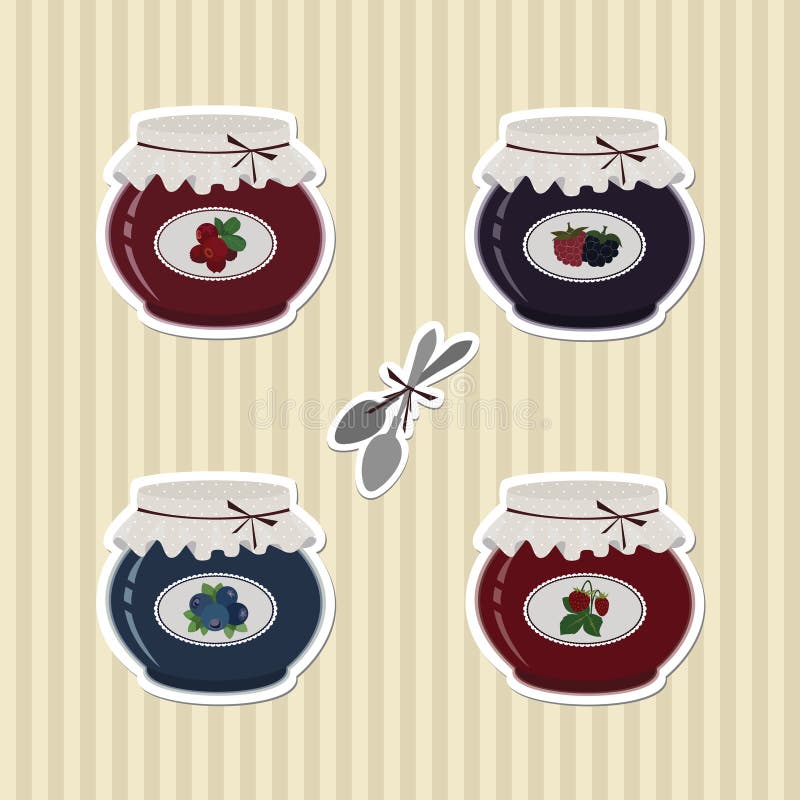 Vector set of canned berry jam and spoons stickers. Vector set of canned berry jam and spoons stickers.