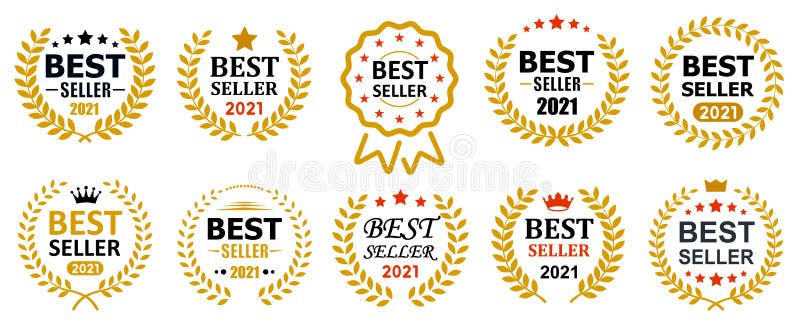Set best seller icono diseño con laurel best seller insignia logotipo aislado vector