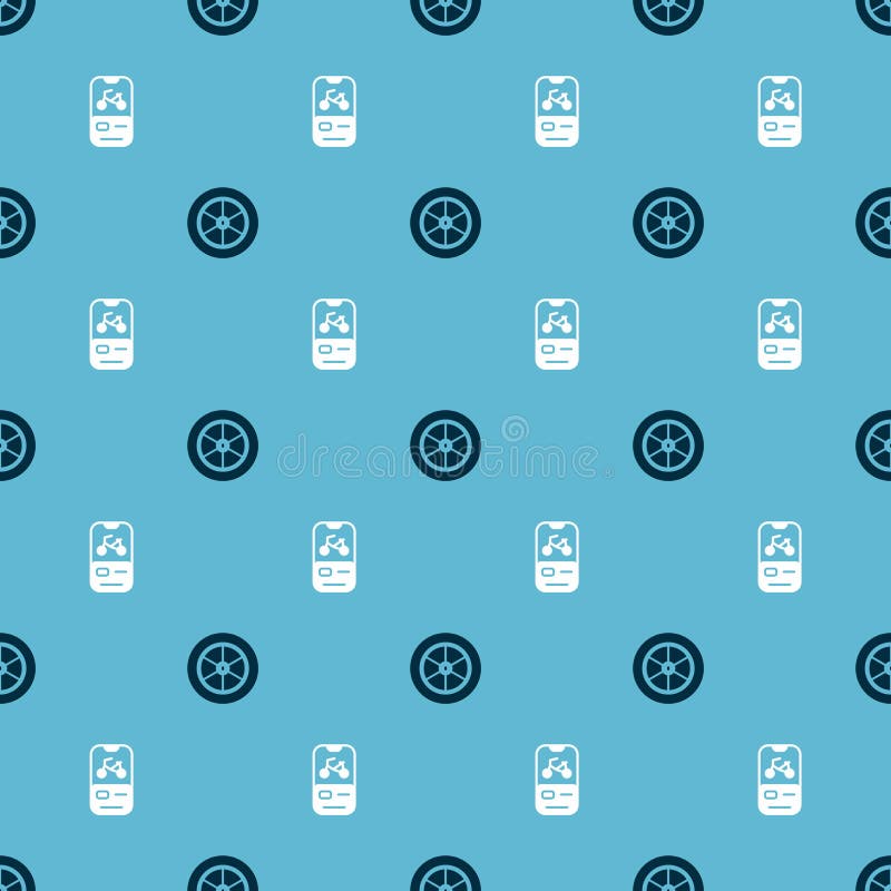 Set Bicycle Wheel and Rental Mobile App on Seamless Pattern. Vector Stock Vector Illustration