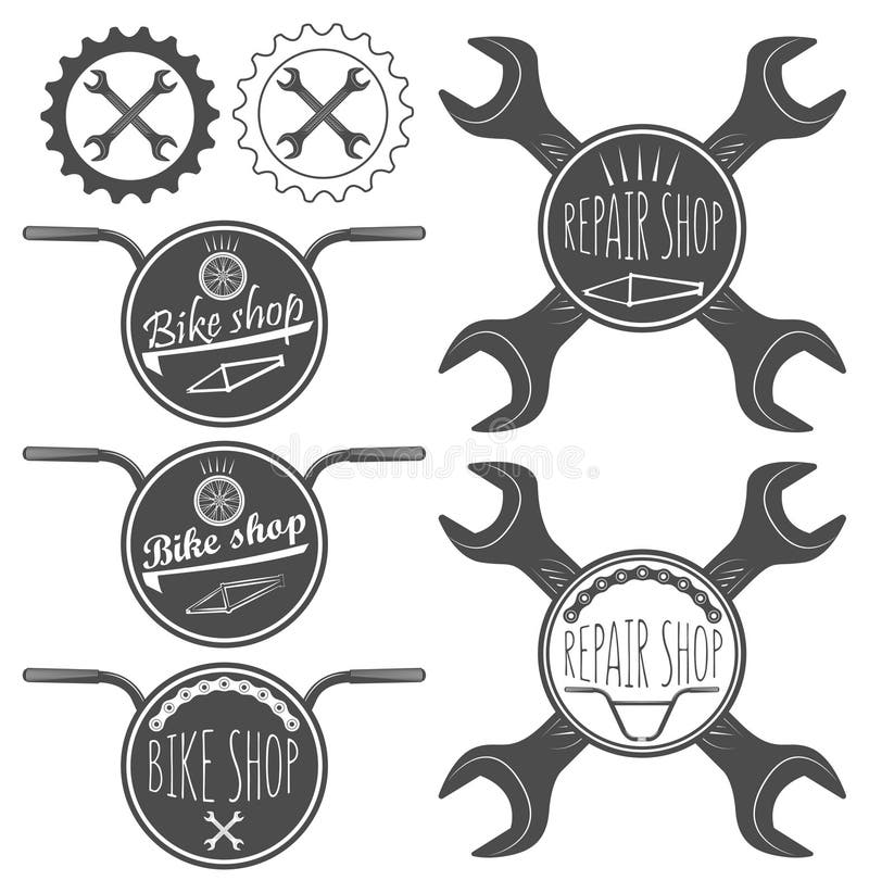 Set bicyklu sklepu loga odznaki i etykietki, rower naprawa royalty ilustracja