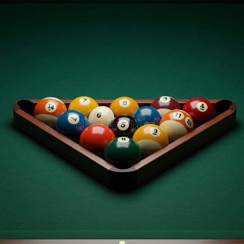 A set of billiard balls is arranged in a wooden triangular rack on a green felt table. Th stock illustration