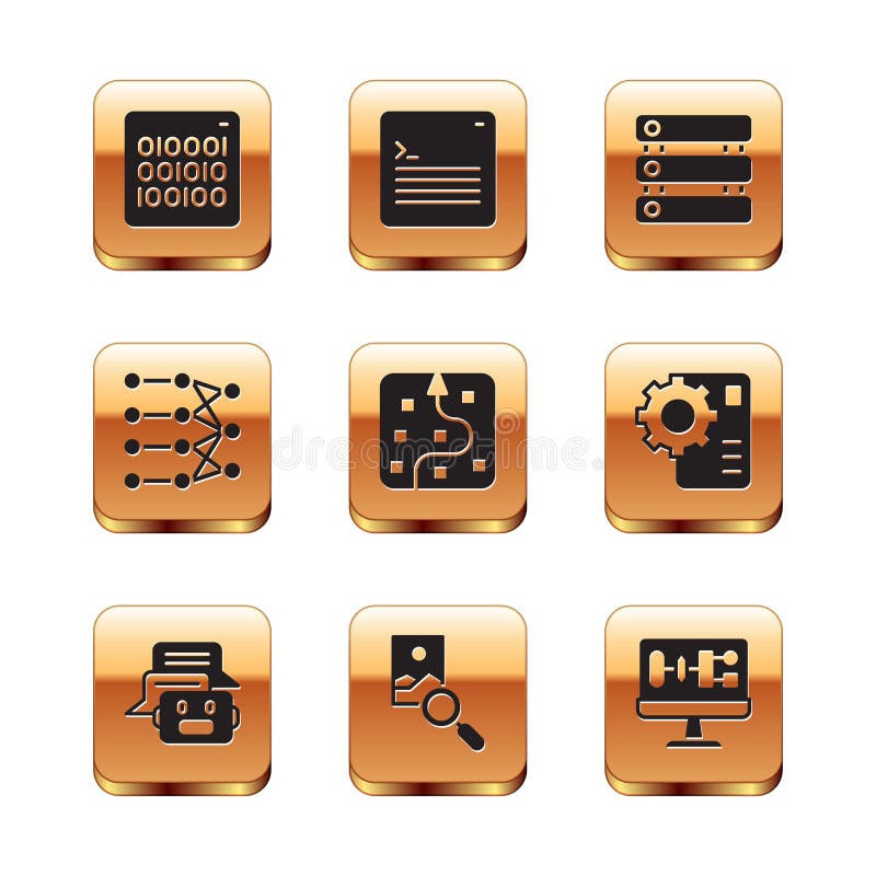 Set Binary code, Chat bot, Photo retouching, Neural network, Server, Data, Algorithm and Web developer programming icon vector illustration