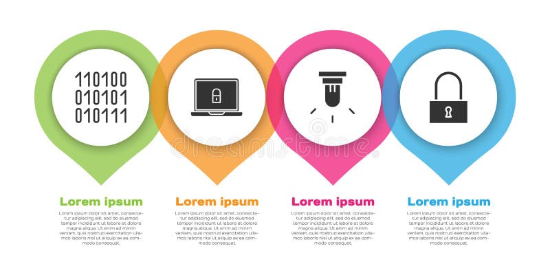 Set Binary code, Laptop and lock, Motion sensor and Lock. Business infographic template. Vector. royalty free illustration