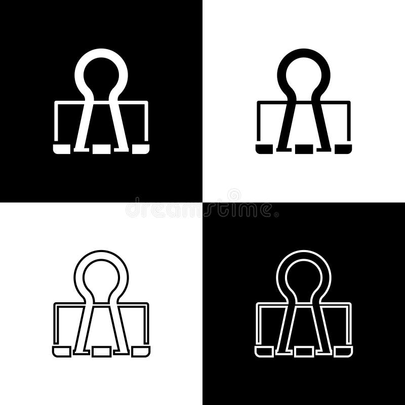 Set Binder Clip Icon Isolated on Black and White Background. Paper Clip