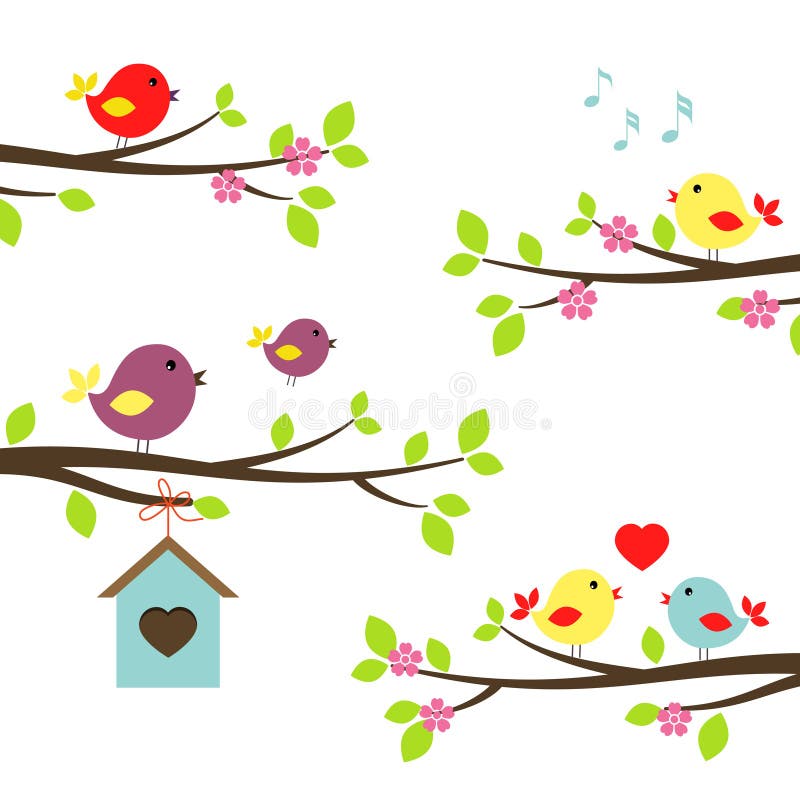 Set of birds on flowering branches