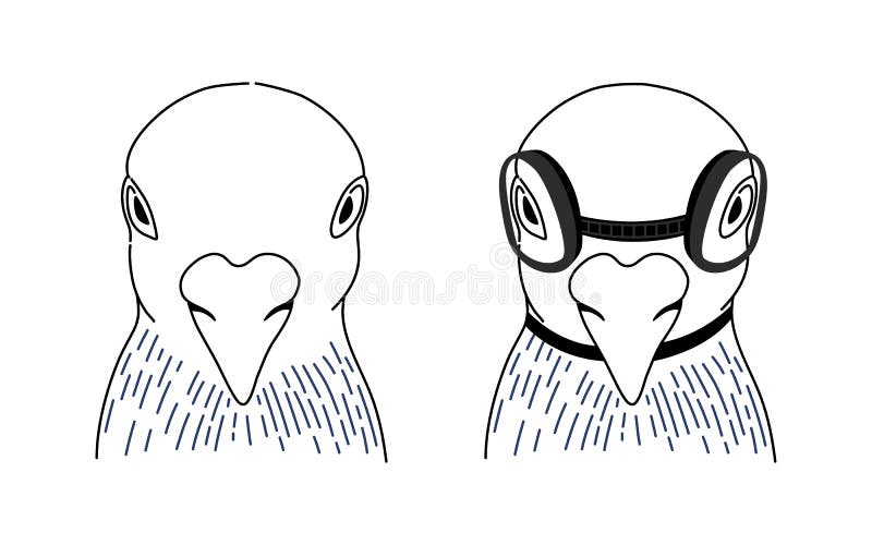 Set of Birds Wearing Goggle Glasses on Black and White Linear Vector