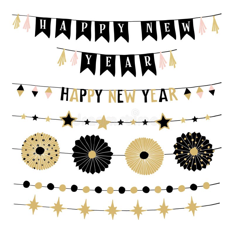 Set of birthday or New Year decorative borders, strings or garlands. Party decoration with stars, bunting flags and royalty free illustration Set of birthday or New Year decorative borders, strings or garlands. Party decoration with stars, bunting flags and royalty free illustration