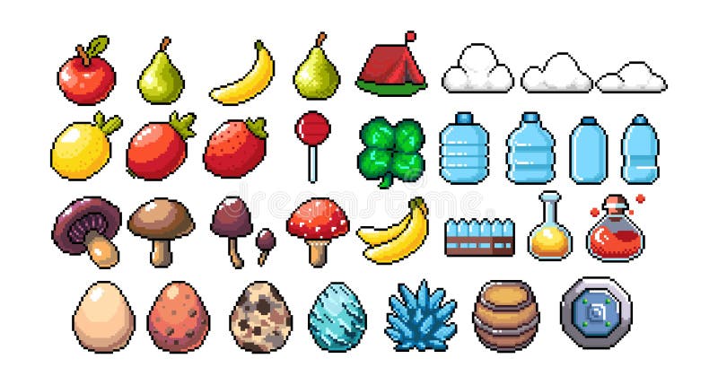 Pixel Fruits For Games Icons High Detailed Vector Set Royalty Free