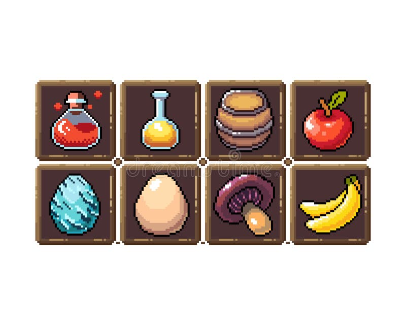 A set of isolated fruits in Pixel Art.