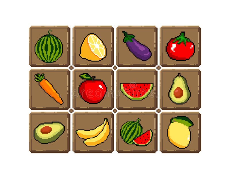 A set of isolated fruits in Pixel Art.