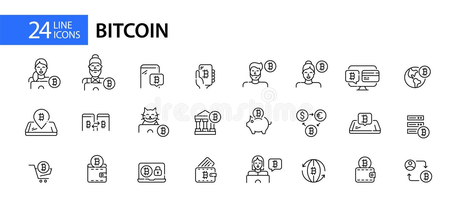 Set of 24 bitcoin icons. Worldwide cryptocurreny use. Modern technology virtual finances. Pixel perfect, editable stroke royalty free illustration Set of 24 bitcoin icons. Worldwide cryptocurreny use. Modern technology virtual finances. Pixel perfect, editable stroke royalty free illustration