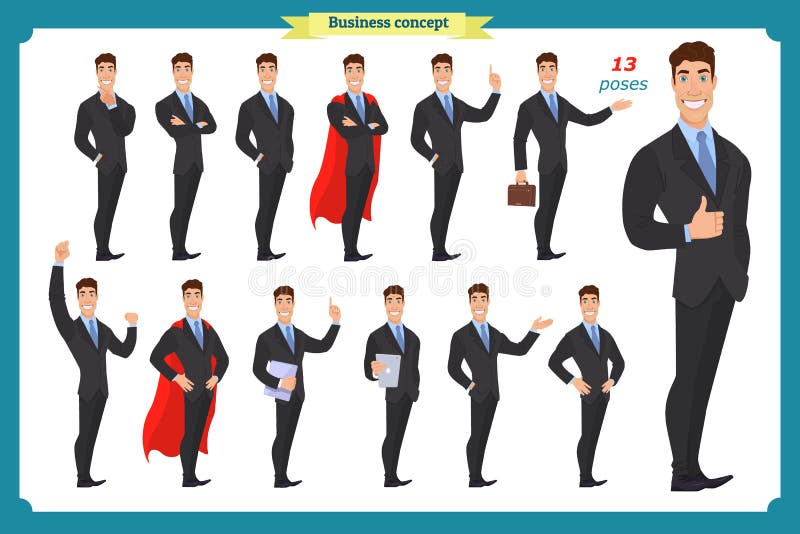 Set biznesmeni przedstawia w różnorodnej akci Szczęśliwy mężczyzna w garniturze Ludzie charakterów