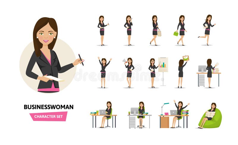 Set bizneswomanu pracujący charakter w biurowej pracy sytuacjach ilustracja wektor Set bizneswomanu pracujący charakter w biurowej pracy sytuacjach ilustracja wektor
