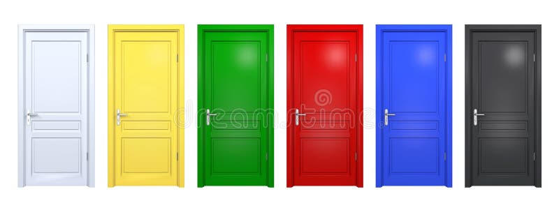 Set of black, blue, red, green, yellow doors isolated on white. Front 3D render of closed and open doorway in different color stock illustration