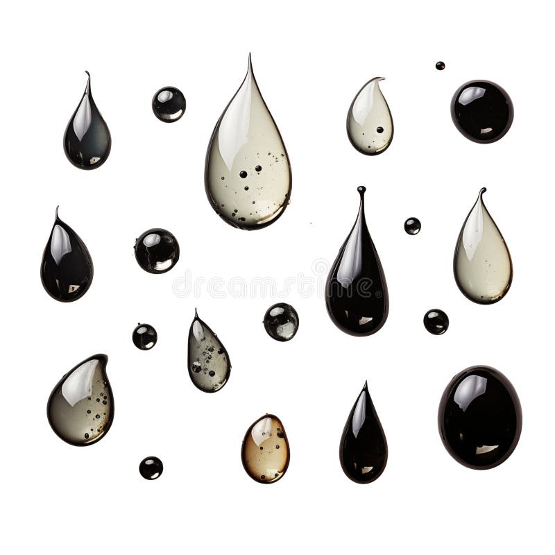 Set of Black and Brown Oil Drops Isolated on Transparent Background