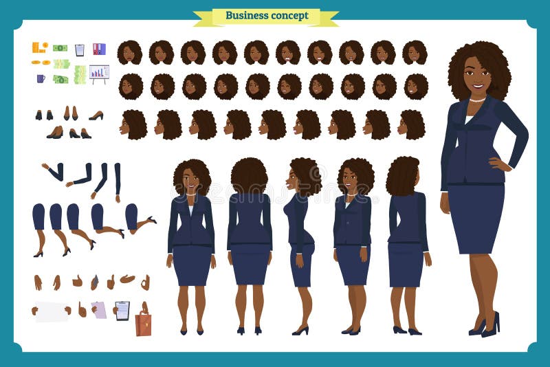 Set of Black Businesswoman character design.Front, side, back view animated character.