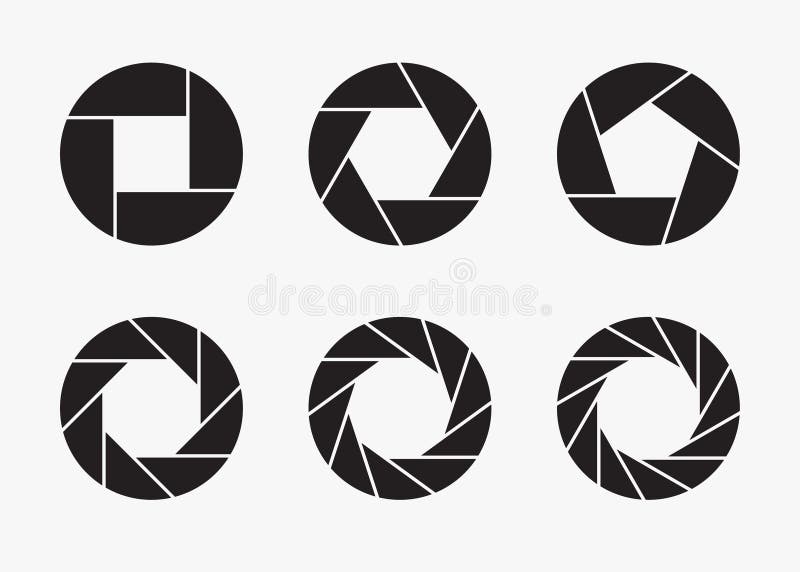 Set of black camera lens aperture icons.