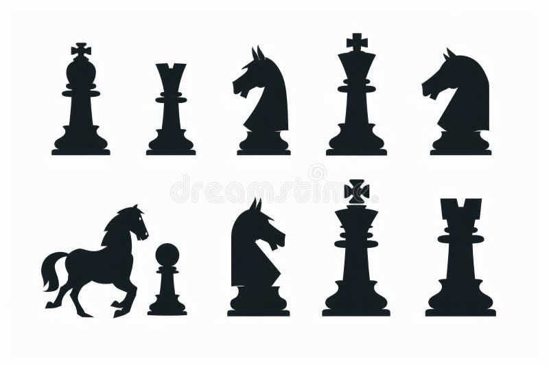 A set of black chess piece silhouettes against a blank background royalty free stock image