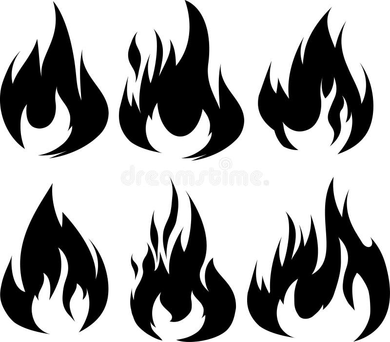 Set of 6 black fires for design or tattoo