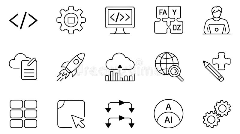 Set of black outline icons for technology and business concepts coding programming royalty free illustration