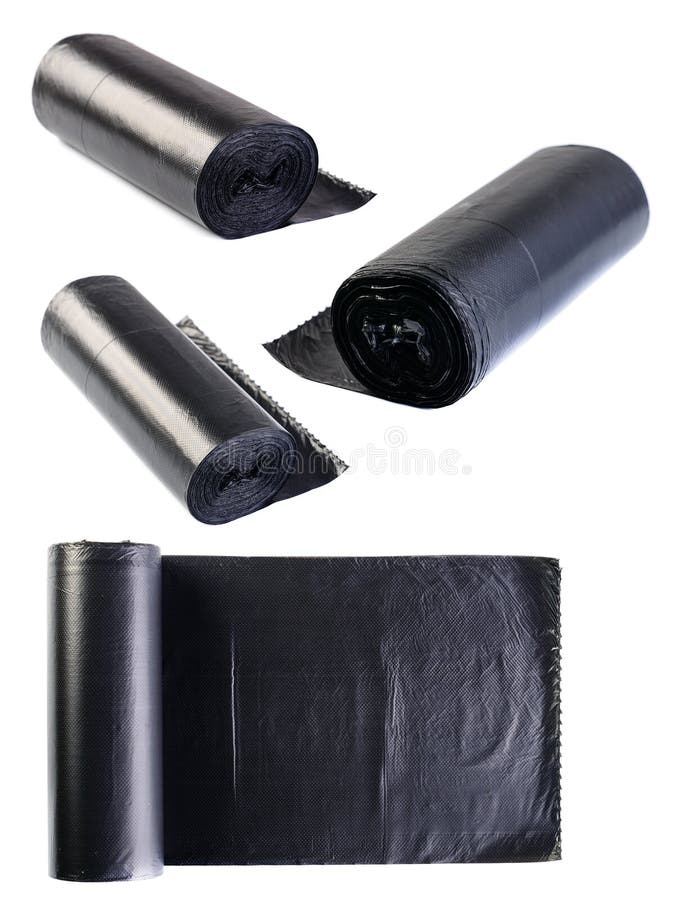 Set of Black Plastic Polyethylene Garbage Bags Roll on Light Background Stock Photo Image of