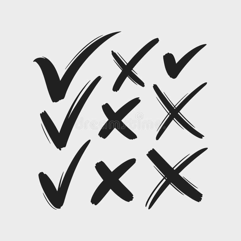 A set of black X\'s and a check mark. They are all different sizes and are placed in various positions royalty free illustration