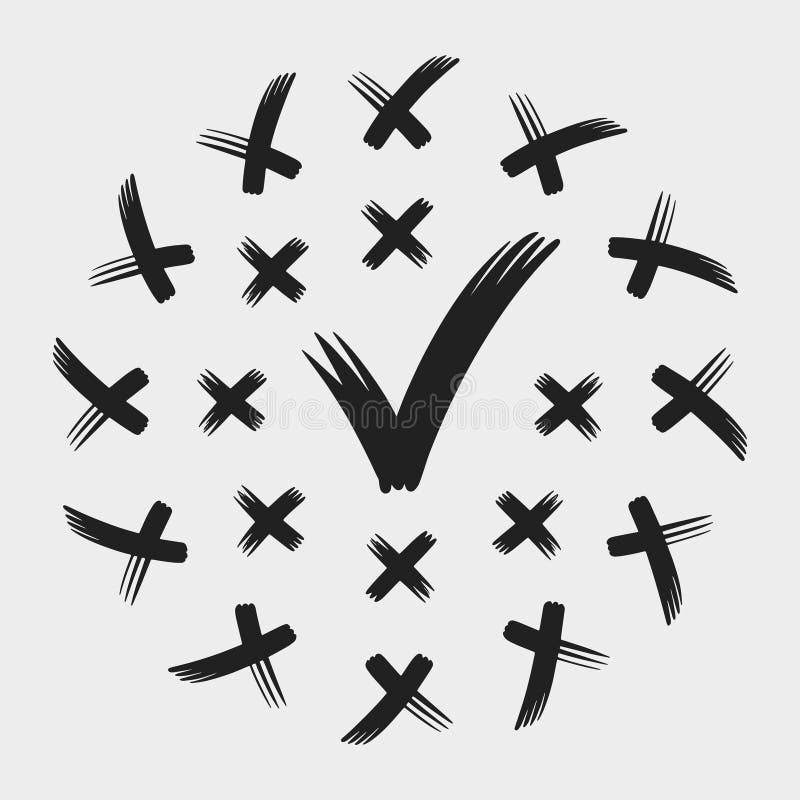 A set of black X\'s and a check mark. They are all different sizes and are placed in various positions royalty free illustration