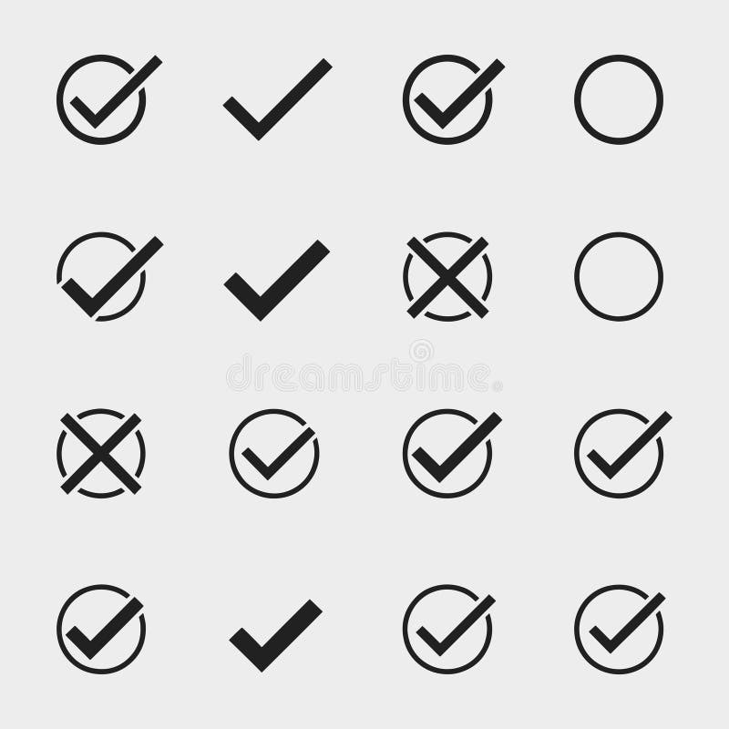 A set of black X\'s and a check mark. They are all different sizes and are placed in various positions stock illustration