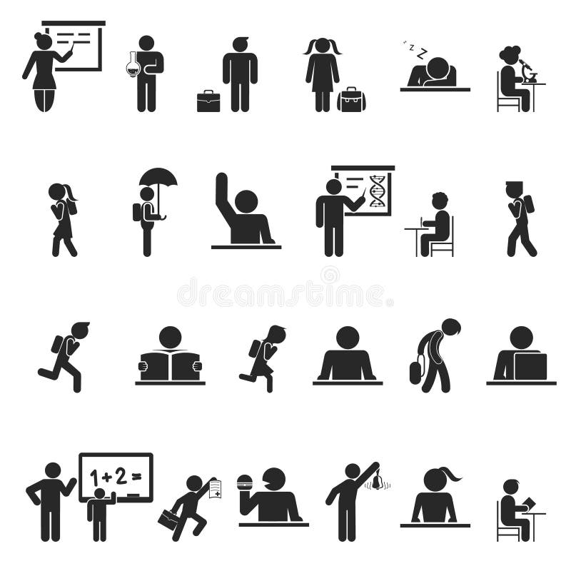 Set of black school children silhouette icons stock illustration Set of black school children silhouette icons stock illustration