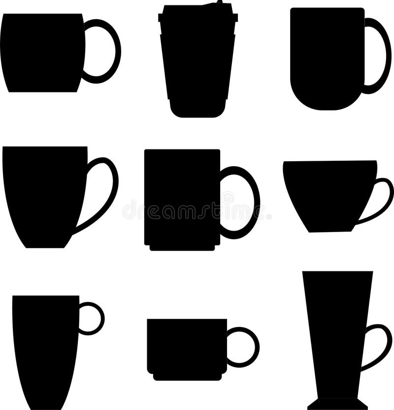 A Set of Black Silhouettes of Tea and Coffee Cups on a White Background