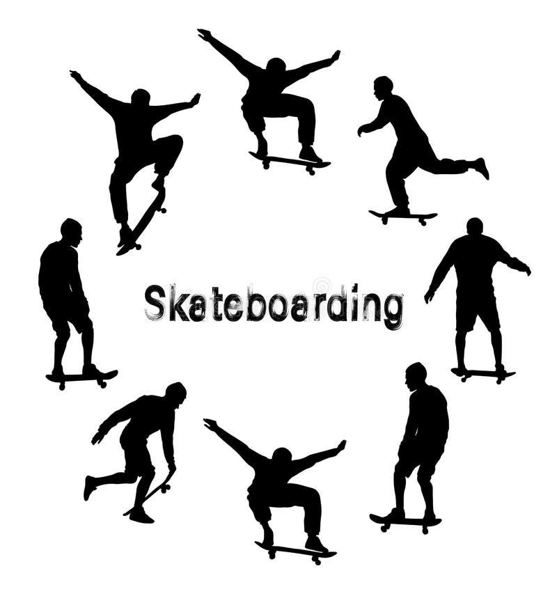 Set of black skateboarder silhouettes. Grunge style textured text vector illustration Set of black skateboarder silhouettes. Grunge style textured text vector illustration