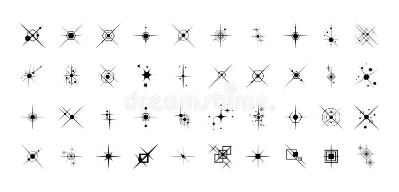 Set of black stars sparkle icons. Collection of various shape twinkling effect symbols on white background. Magic particle vivid.