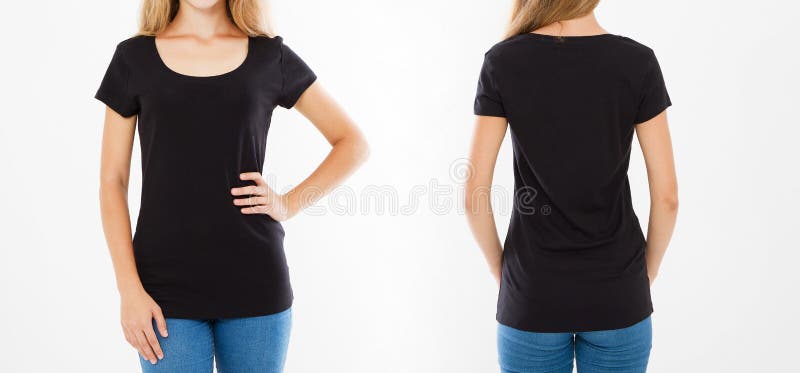 Download Set Black T Shirt Front Back Views Pretty Woman In Tshirt Isolated On White Background Template Blank Stock Image Image Of Female Body 132251223