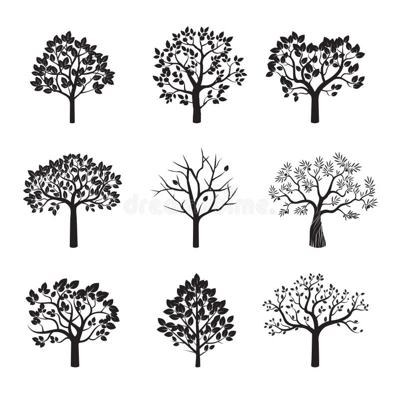 Set of Black Trees and Roots. Vector Illustration. Stock Illustration