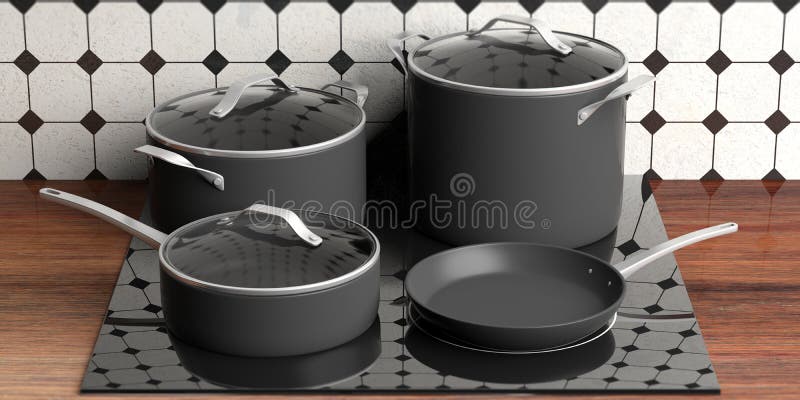 Set of black various sizes cooking pots and frying pan on electric stove, kitchen counter top. 3d illustration