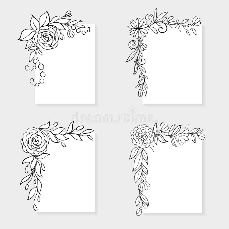 Set of black and white hand drawn corner floral borders.