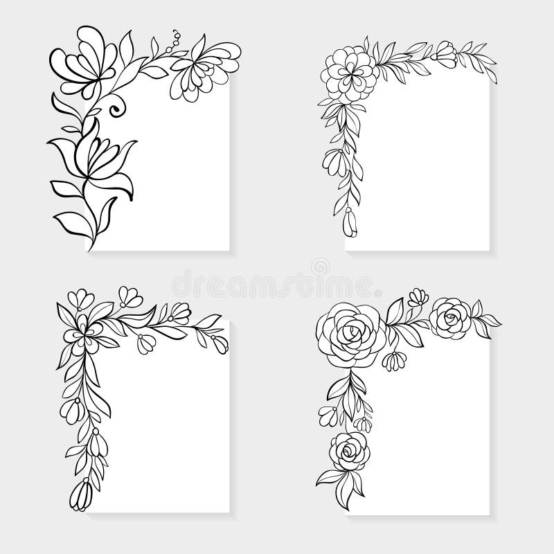 Set of black and white hand drawn corner floral borders.