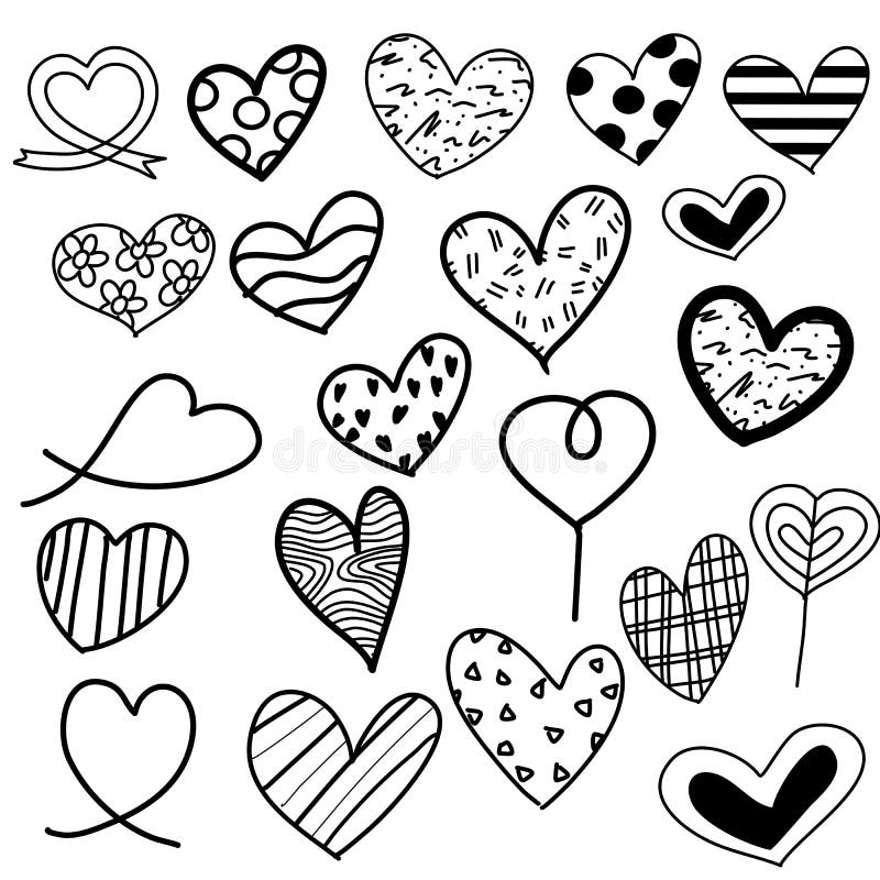 Set of Black and White Heart Doodle Pattern Drawing Vector Stock Vector
