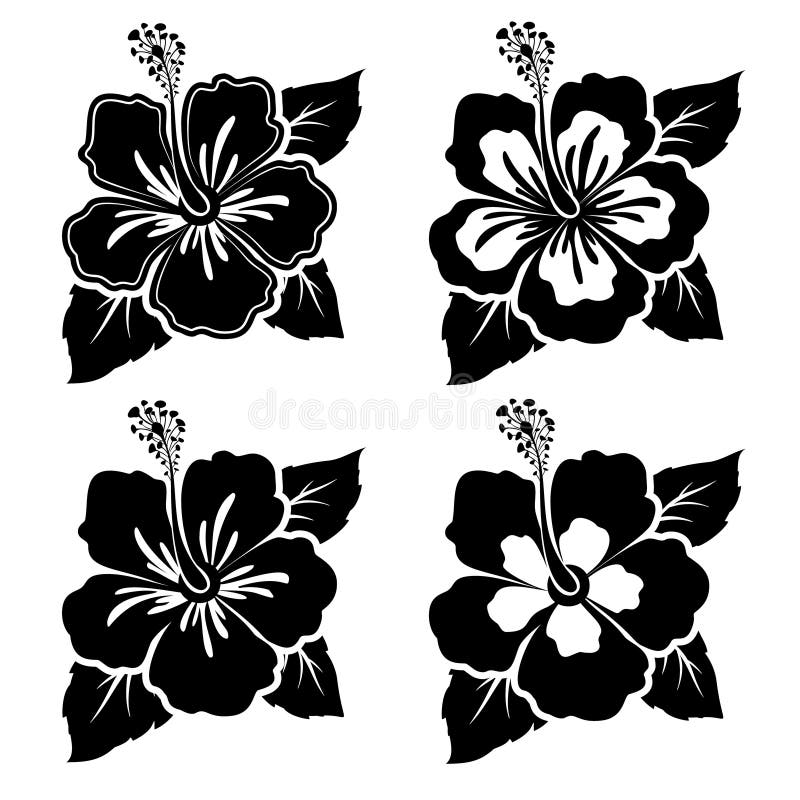Set of Blackwhite Hibiscus Flowers with Leaves. Flat Design Elements