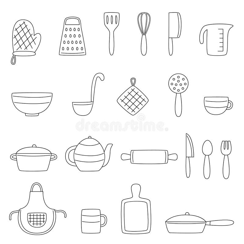 Kitchen utencils in sketch style, black and white