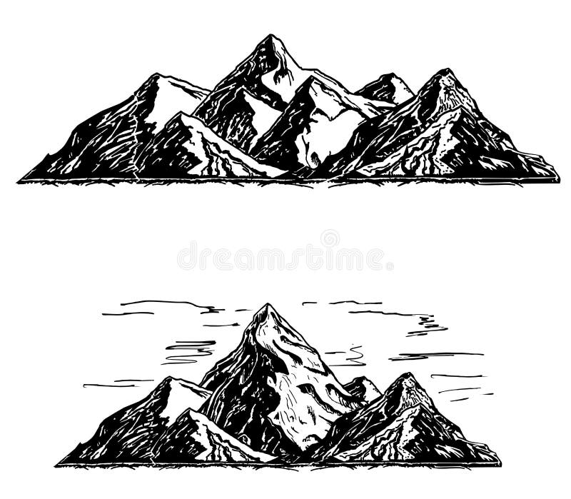 Set of black and white mountain. Silhouettes of the mountains, highlands, rocky landscapes, hills on white background