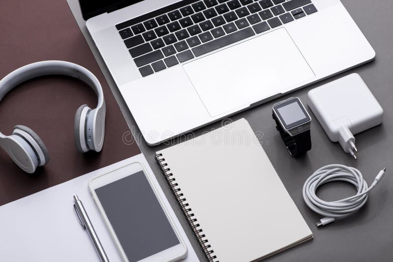 Set of Black and White of Office Supplies and Business Gadgets. Stock Photo Image of modern