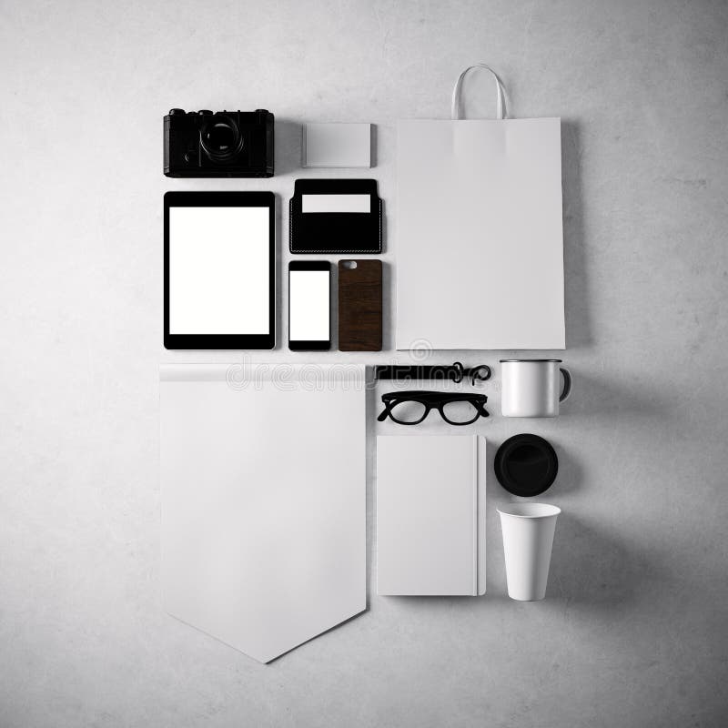 Set of blank generic design office objects on the concrete wall background. Square, top view. 3d render royalty free illustration