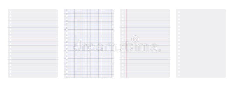 Set of blank notebook sheets in line, square and empty. Blank notebook papers for homework and exercises. Paper from a workbook royalty free illustration