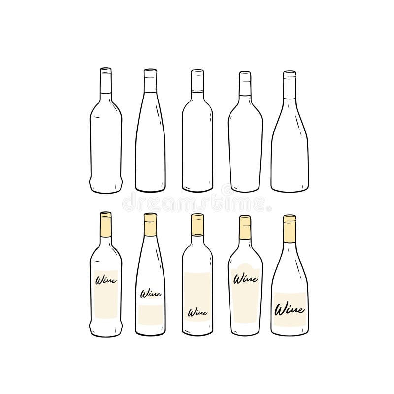 Set of Blank Template Wine Bottle Hand Drawn Vector Illustration. Stock