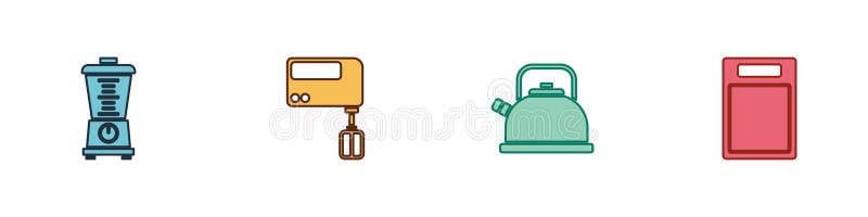 Set Blender, Electric mixer, Kettle with handle and Cutting board icon. Vector stock illustration