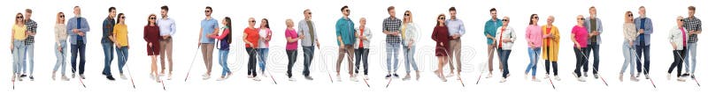 Set of blind people with long canes on white background