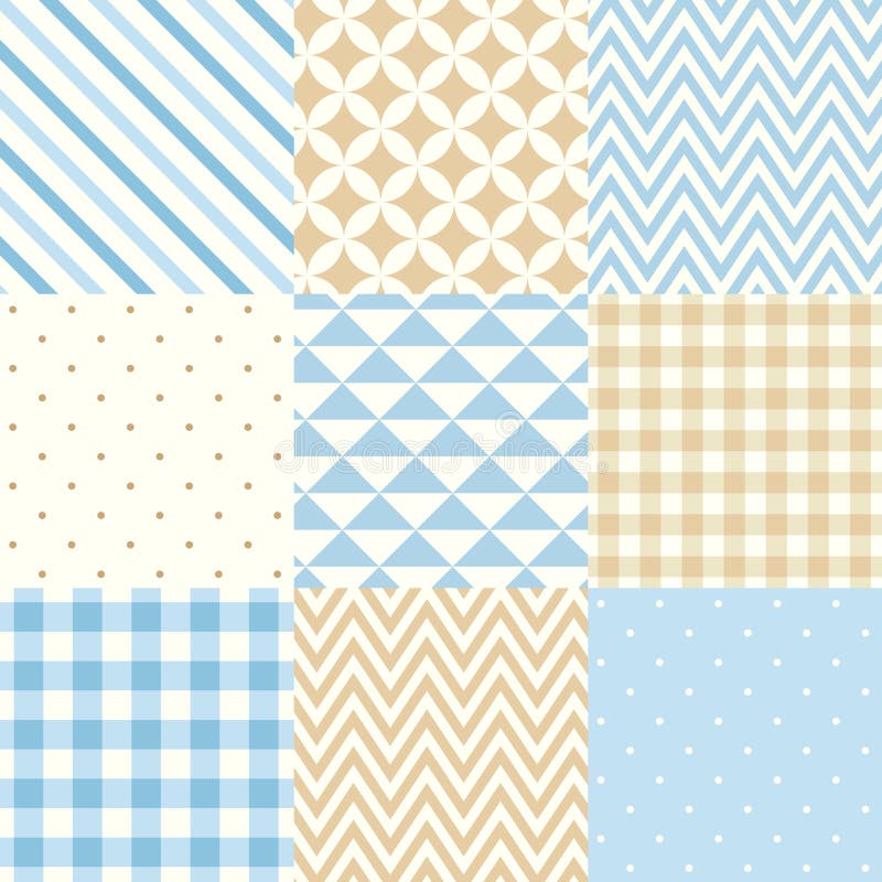 Set of blue and beige seamless geometric patterns. Vector illustration.